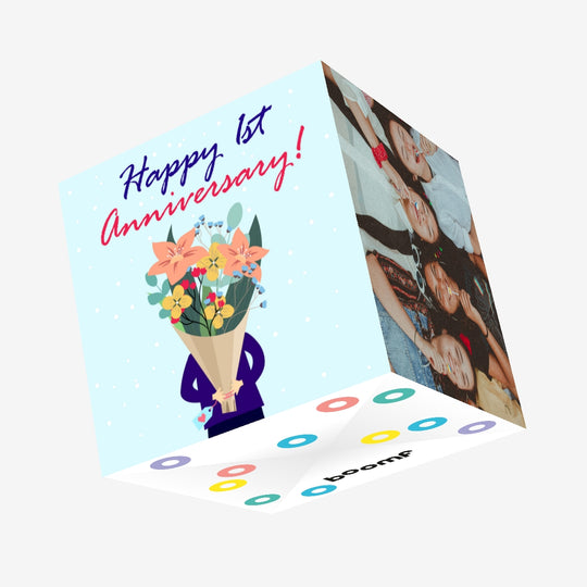 Flowers Bouquet Happy 1st Anniversary Confetti-exploding Greetings Card