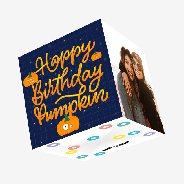 Blue Checkered Background Happy Birthday Pumpkin Confetti-exploding Greetings Card