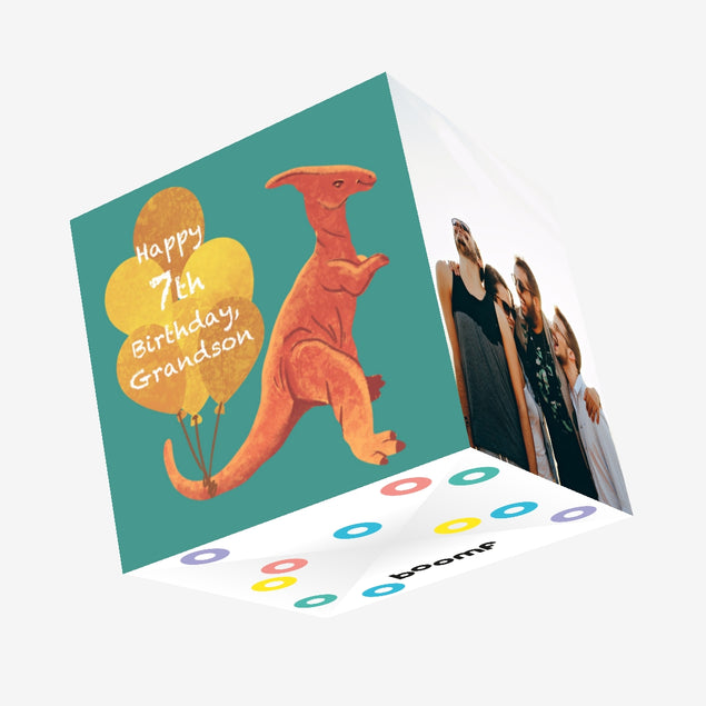 Happy 7th Birthday Grandson Dinosaur and Balloons Confetti-exploding Greetings Card