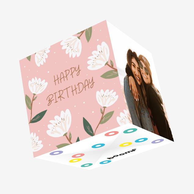 Cute Pink White Flowers Happy Birthday Confetti-exploding Greetings Card