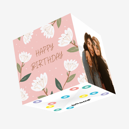 Cute Pink White Flowers Happy Birthday Confetti-exploding Greetings Card