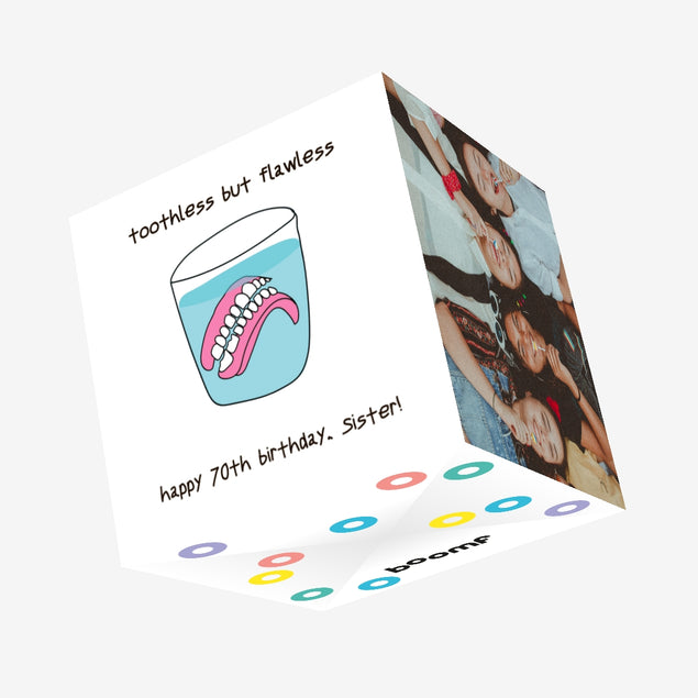Happy 70th Birthday Sister Dentures In A Glass Of Water Confetti-exploding Greetings Card