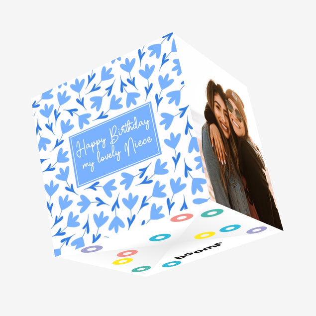 Blue Lovely Floral Print Happy Birthday Niece Confetti-exploding Greetings Card