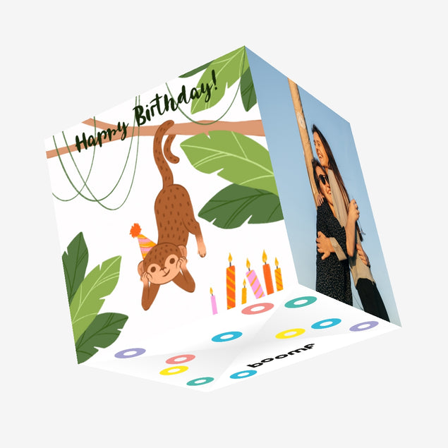 Brown Monkey On A Tree Happy Birthday Confetti-exploding Greetings Card