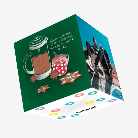 Merry Christmas Son And Daughter-in-law Coffee And Ginger Cookies Confetti-exploding Greetings Card