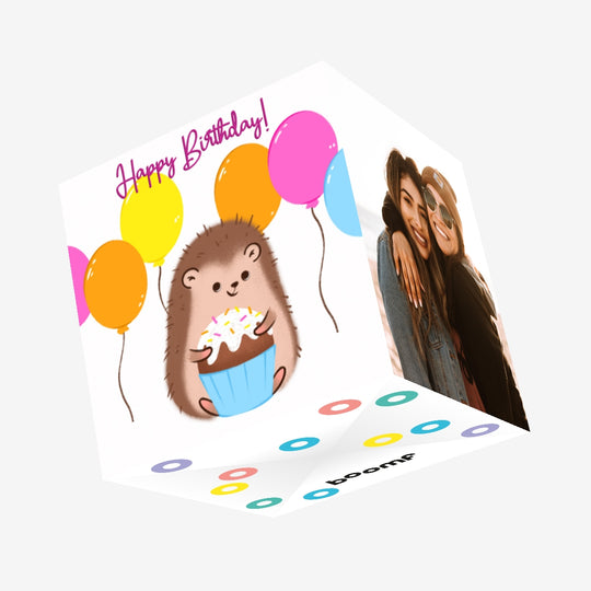Cute Hedgehog With Cake And Balloons Happy Birthday Confetti-exploding Greetings Card