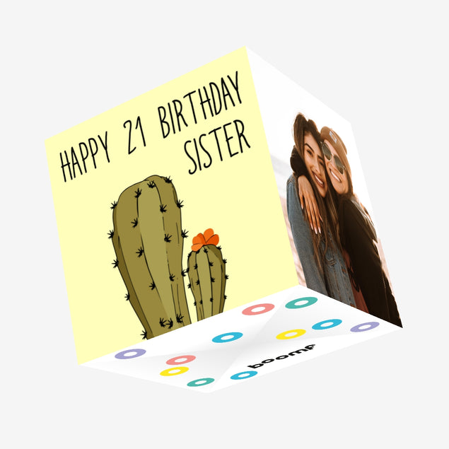 As Prickly As Hugging A Cactus Happy 21th Birthday Sister Confetti-exploding Greetings Card
