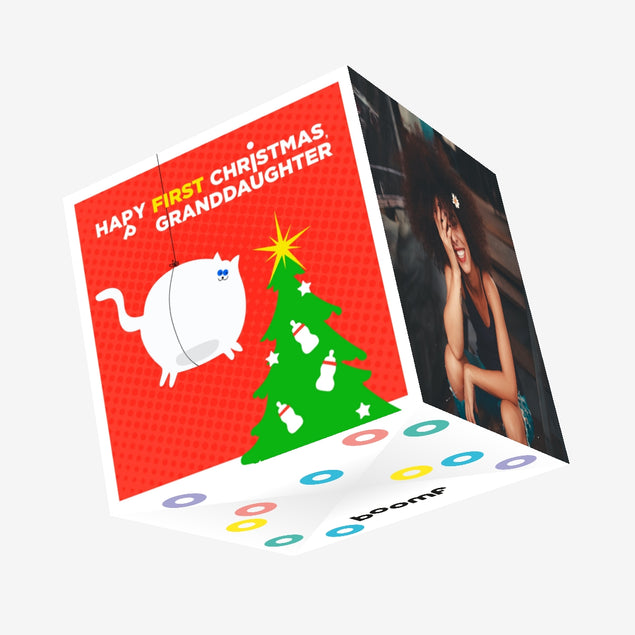 Happy 1st Christmas Cat And A Christmas Tree Confetti-exploding Greetings Card