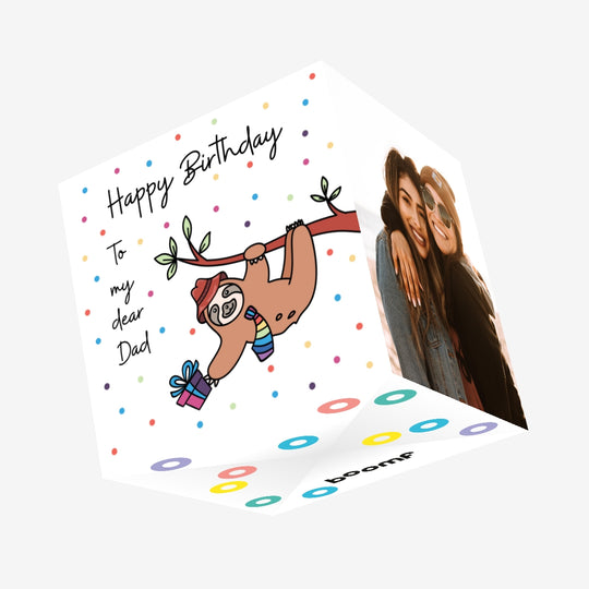 Happy Birthday Dad Sloth With A Gift Hanging On A Tree Confetti-exploding Greetings Card