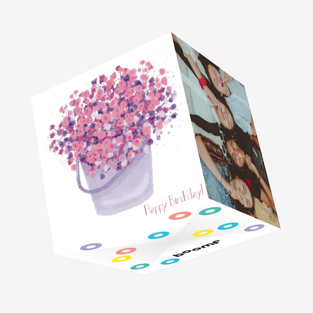 Cute Pink Flowers In A Bucket Happy Birthday Confetti-exploding Greetings Card