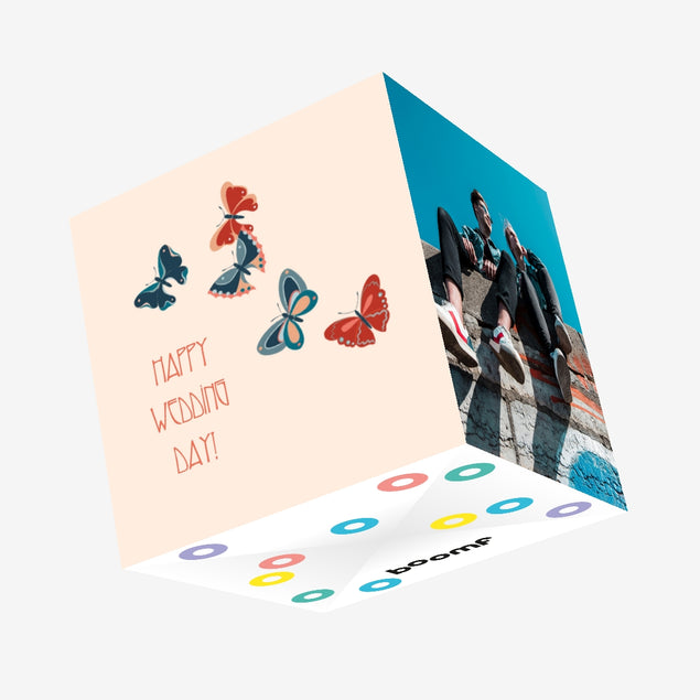 Happy Wedding Day Blue And Red Butterflies Confetti-exploding Greetings Card