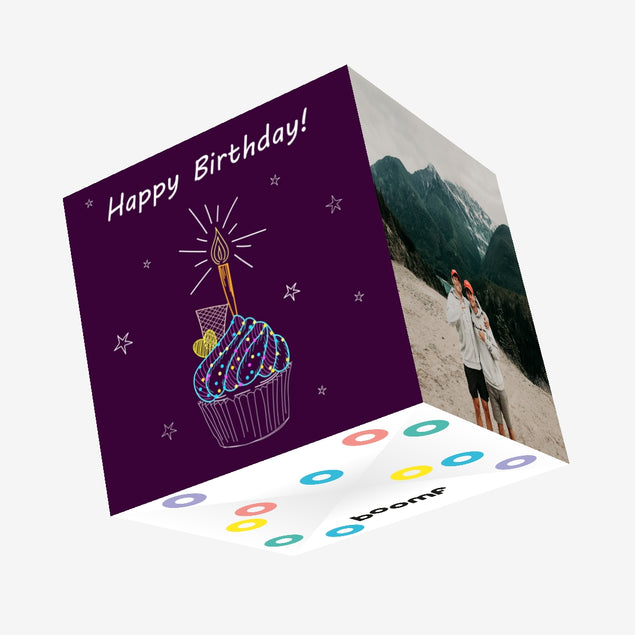 Happy Birthday Cute Cupcake In Purple Confetti-exploding Greetings Card