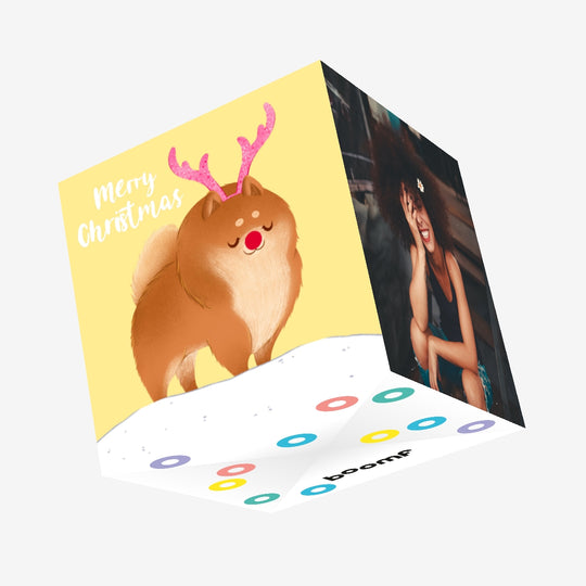 Merry Christmas Fluffy Pomeranian With Deer Horns Confetti-exploding Greetings Card
