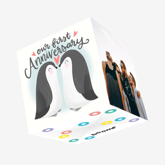 Our First Anniversary Cute Penguins Confetti-exploding Greetings Card
