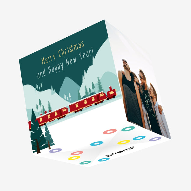 Merry Christmas And Happy New Year Red Train Confetti-exploding Greetings Card