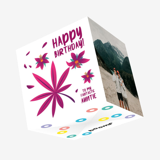 Happy Birthday Fantastic Auntie Simple Purple Tropical Plant And Flowers Confetti-exploding Greetings Card