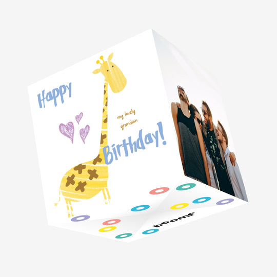 Cute Giraffe Happy Birthday Grandson Confetti-exploding Greetings Card