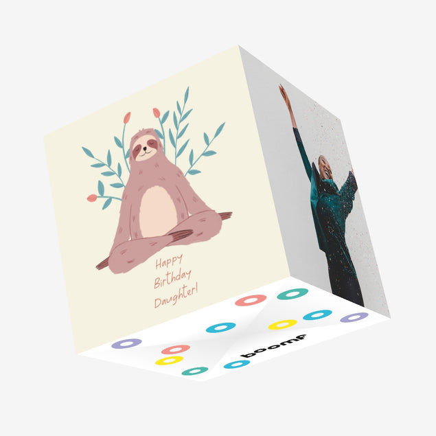 Happy Birthday Daughter Sloth Doing Yoga And Flowers Confetti-exploding Greetings Card