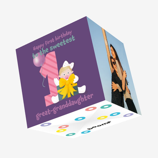 Happy 1st Birthday The Sweetest Graddaughter Baby And A Gift Confetti-exploding Greetings Card