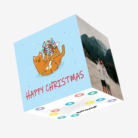 Happy Christmas Ginger Cat Playing With Christmas Lights Confetti-exploding Greetings Card