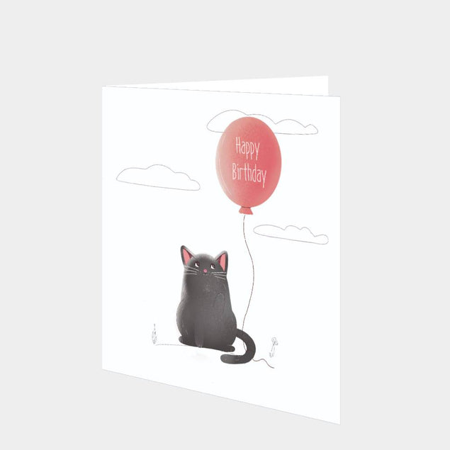 Happy Birthday Grey Cat And A Balloon Card