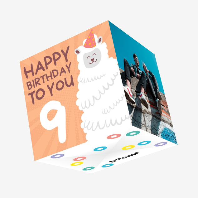 Cute Smiling Alpaca Happy 9th Birthday Confetti-exploding Greetings Card