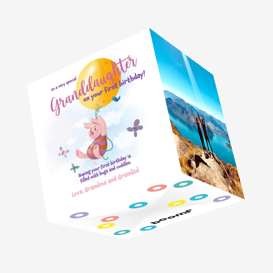 Happy 1st Birthday Granddaughter Piglet Confetti-exploding Greetings Card