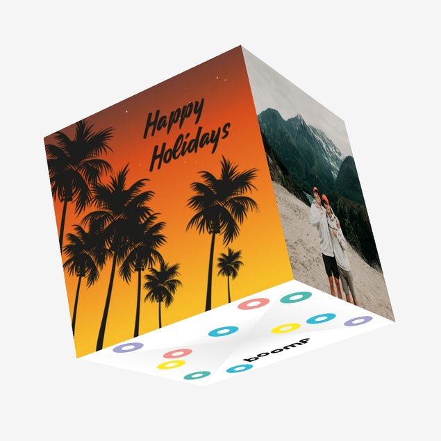 Happy Holidays Orange Sunset And Palm Trees Confetti-exploding Greetings Card