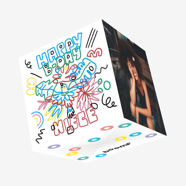 Happy Birthday Niece Crayon Tropical Leaves And Parrot Confetti-exploding Greetings Card