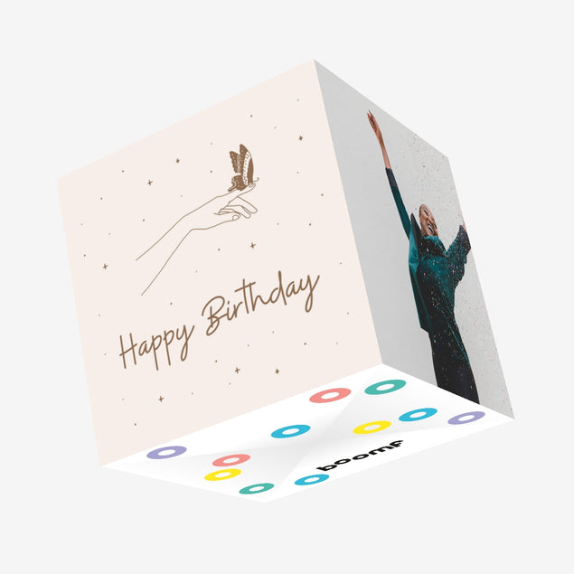 Butterfly Boomf Exploding Butterfly On A Hand Happy Birthday Confetti-exploding Greetings Card ...