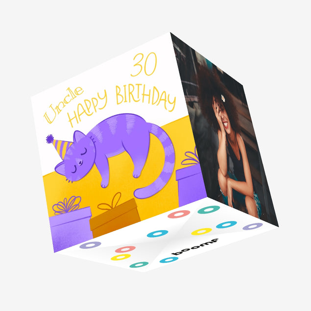 30th Birthday Purple Cat Uncle Confetti-exploding Greetings Card