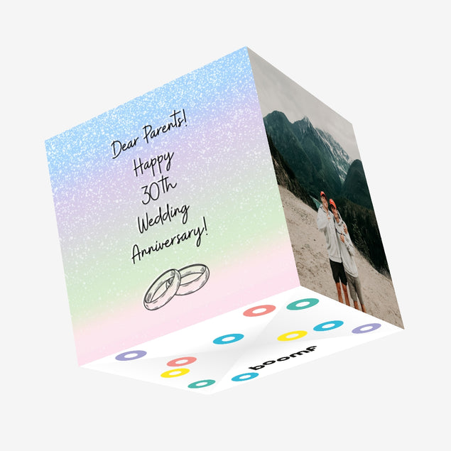 Happy 30th Wedding Anniversary Parents Rings Blue Gradient Confetti-exploding Greetings Card