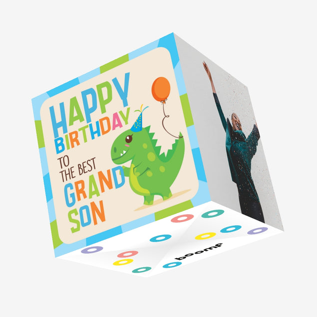 Happy Birthday Grandson A Cute Little Dino With A Balloon Confetti-exploding Greetings Card