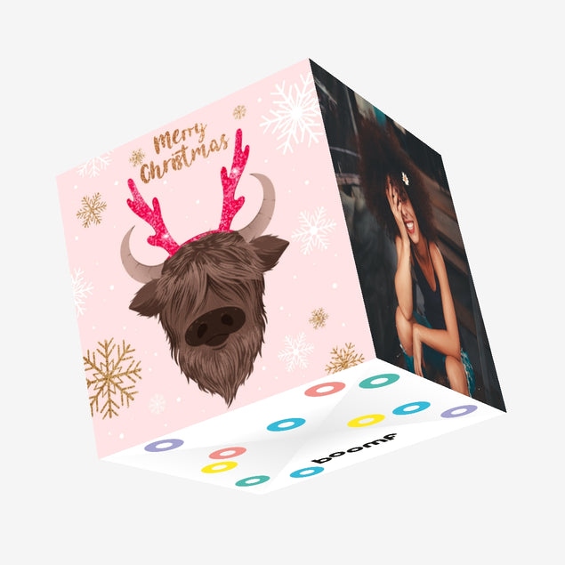 Merry Christmas Fluffy Cow With Deer Horns Confetti-exploding Greetings Card