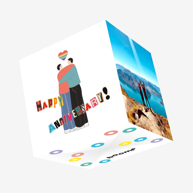 Happy Anniversary Two Boys And Rainbow Heart Confetti-exploding Greetings Card