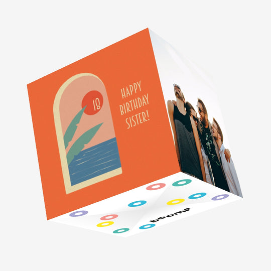 Happy 18th Birthday Sister Tropical View Confetti-exploding Greetings Card
