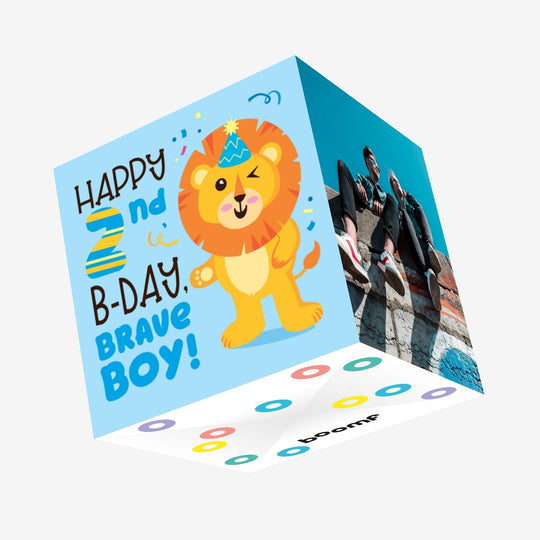 Cute Lion Happy 2nd Birthday Brave Boy Confetti-exploding Greetings Card