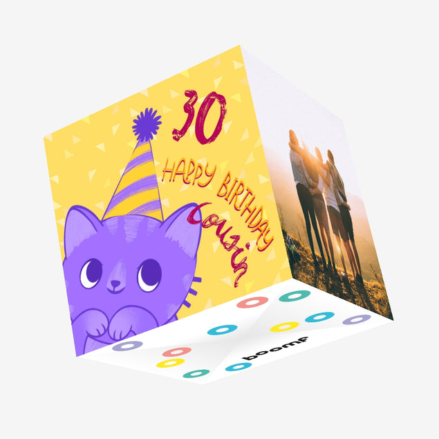 Happy 30th Birthday Cute Cat Cousin Confetti-exploding Greetings Card