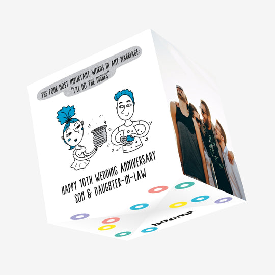 Happy 10th Wedding Anniversary Son And Daughter-in-law Couple Doing The Dishes Confetti-exploding Greetings Card