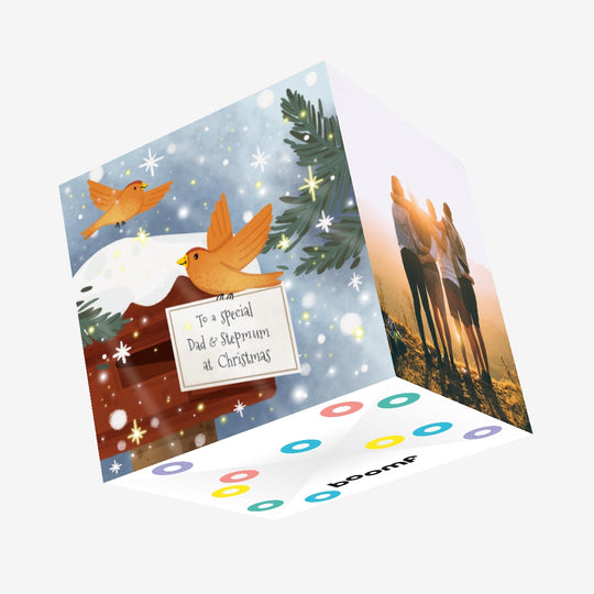 Merry Christmas Dad And Stepmum Orange Birds Confetti-exploding Greetings Card