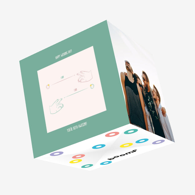 Happy Wedding Day You're Both Awesome Hands And Rings Blue Confetti-exploding Greetings Card