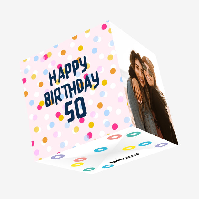 Happy 50th Birthday Colourful Dots Pink Confetti-exploding Greetings Card