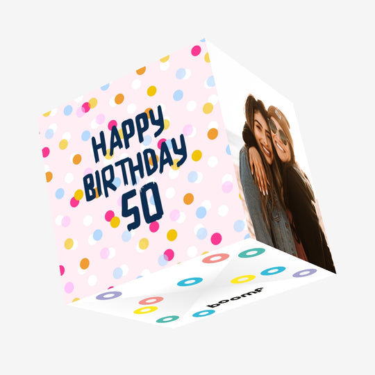 Happy 50th Birthday Colourful Dots Pink Confetti-exploding Greetings Card