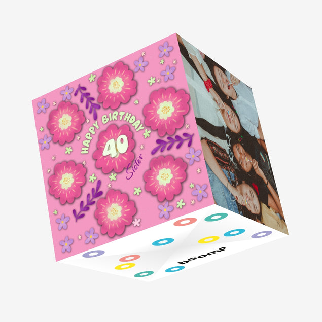 Beautiful Pink Floral Print Happy 40th Birthday Sister Confetti-exploding Greetings Card