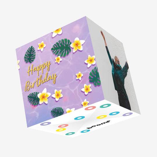 Happy Birthday Tropical Flowers And Leaves Lilac Confetti-exploding Greetings Card