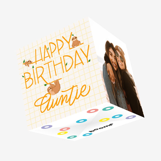 Happy Birthday Auntie Sloths Hanging On Letters Confetti-exploding Greetings Card