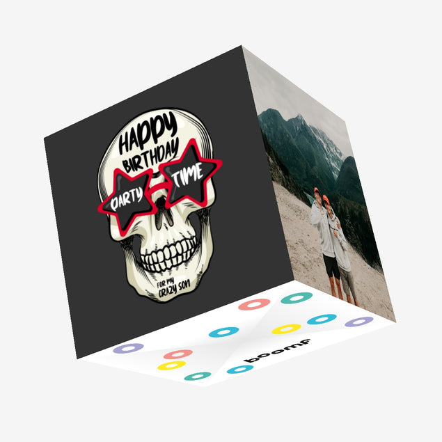 Happy Birthday Son Skull Wearing Glasses Confetti-exploding Greetings Card