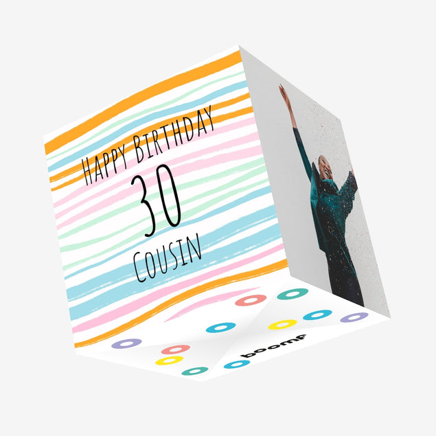 30th Happy Birthday Stripes Cousin Confetti-exploding Greetings Card