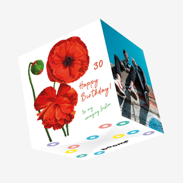 Beautiful Red Poppies Happy 30th Birthday Sister Confetti-exploding Greetings Card