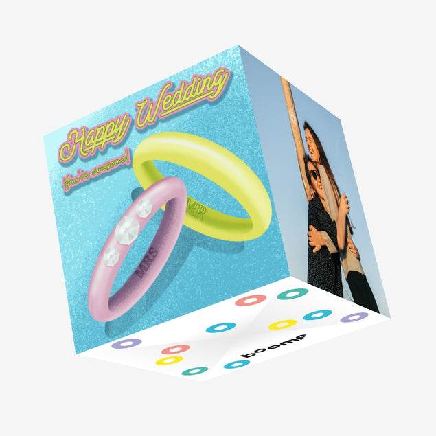 Happy Wedding Day Pink And Yellow Rings Confetti-exploding Greetings Card